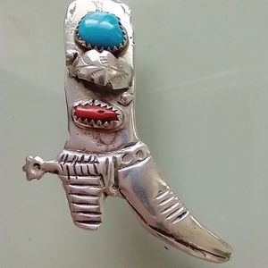 Navajo Sterling Silver Turquoise Coral Pendant/Pin